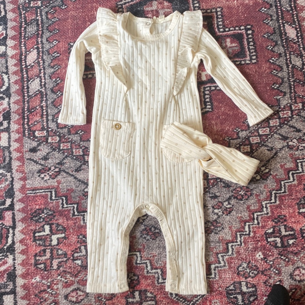 Cream baby Girl One Piece With Gold Dot Details
